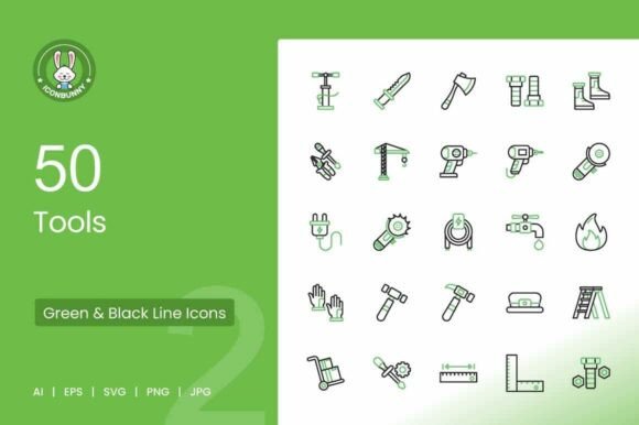 50 Tools Green Black Icons for Streamlined Design and Communication