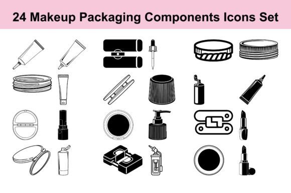 Makeup Packaging Components: 24 Icon Set with Outline Tube